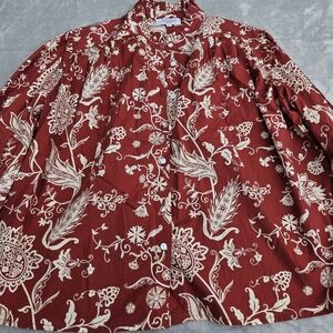 NWOT Olivia By Livro Red All Over Floral PaislyPrint High Collar Pintuck Wmns XL